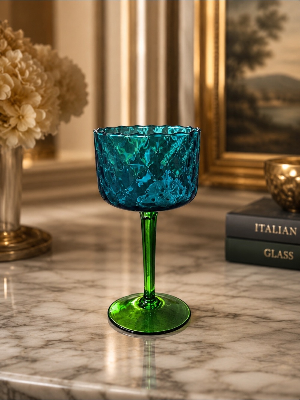 VTG MCM Empoli Italian Art Glass Goblet Chalice | Blue & Green Honeycomb Optic